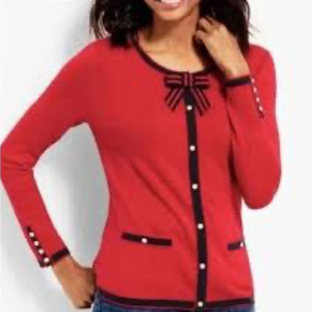 Talbots Red Bow Pearl Pocketed Soft Cardigan Sweater sz M